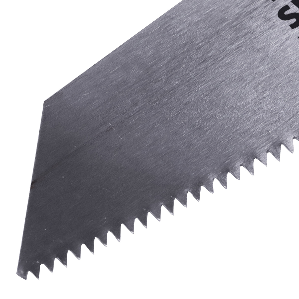 Detalhe da lâmina de serrote para corte drywall Tradestar de 14 polegadas em aço, mostrando os dentes afiados para cortes precisos em gesso e materiais similares. Ferramenta essencial para instaladores e profissionais da construção civil.