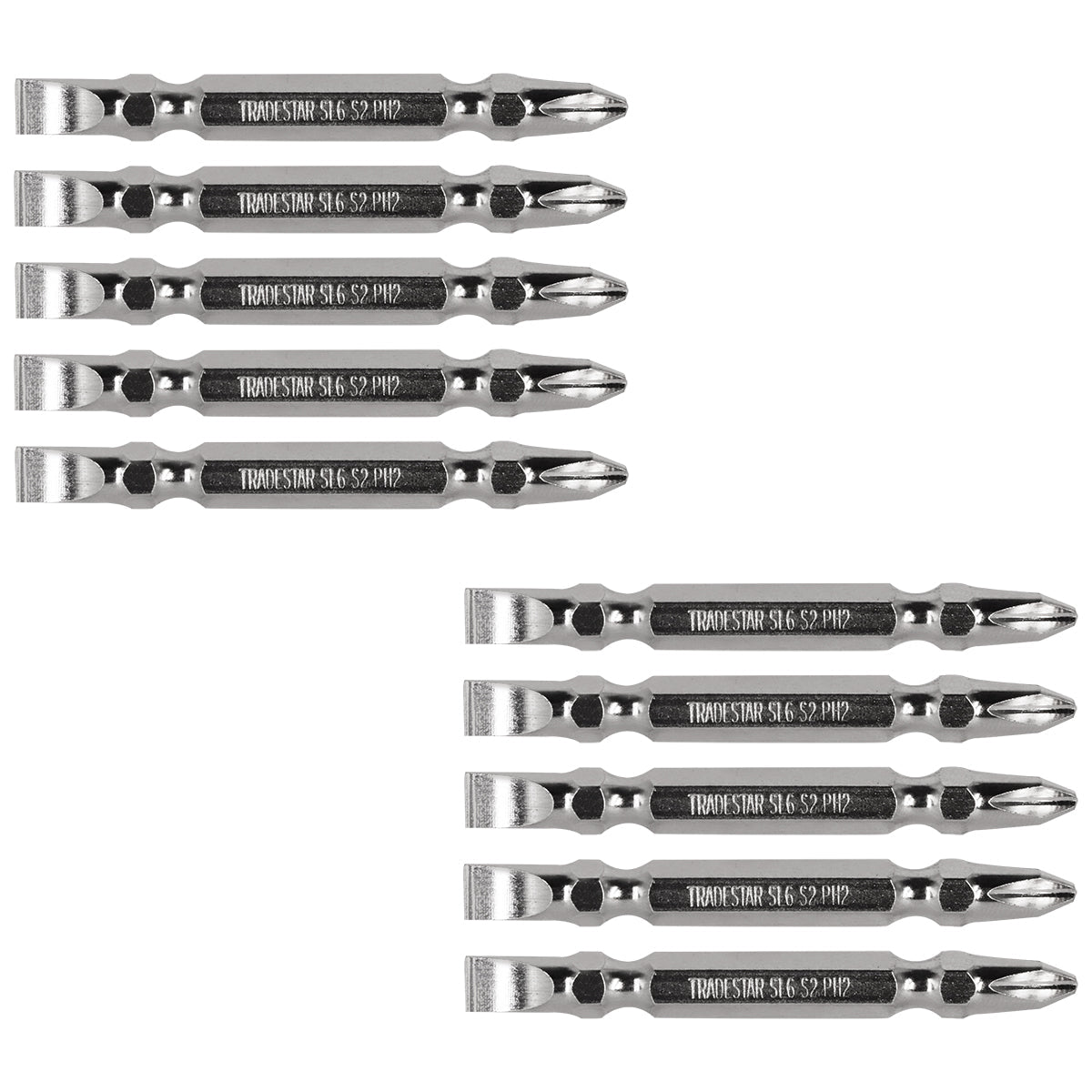 Bits ponteira dupla 65mm PH2 Philips Fenda Tradestar, conjunto com 10 peças em aço S2, ponta imantada para parafusadeiras. Ideal para marcenaria, carpintaria e construção civil. Alta durabilidade e precisão.