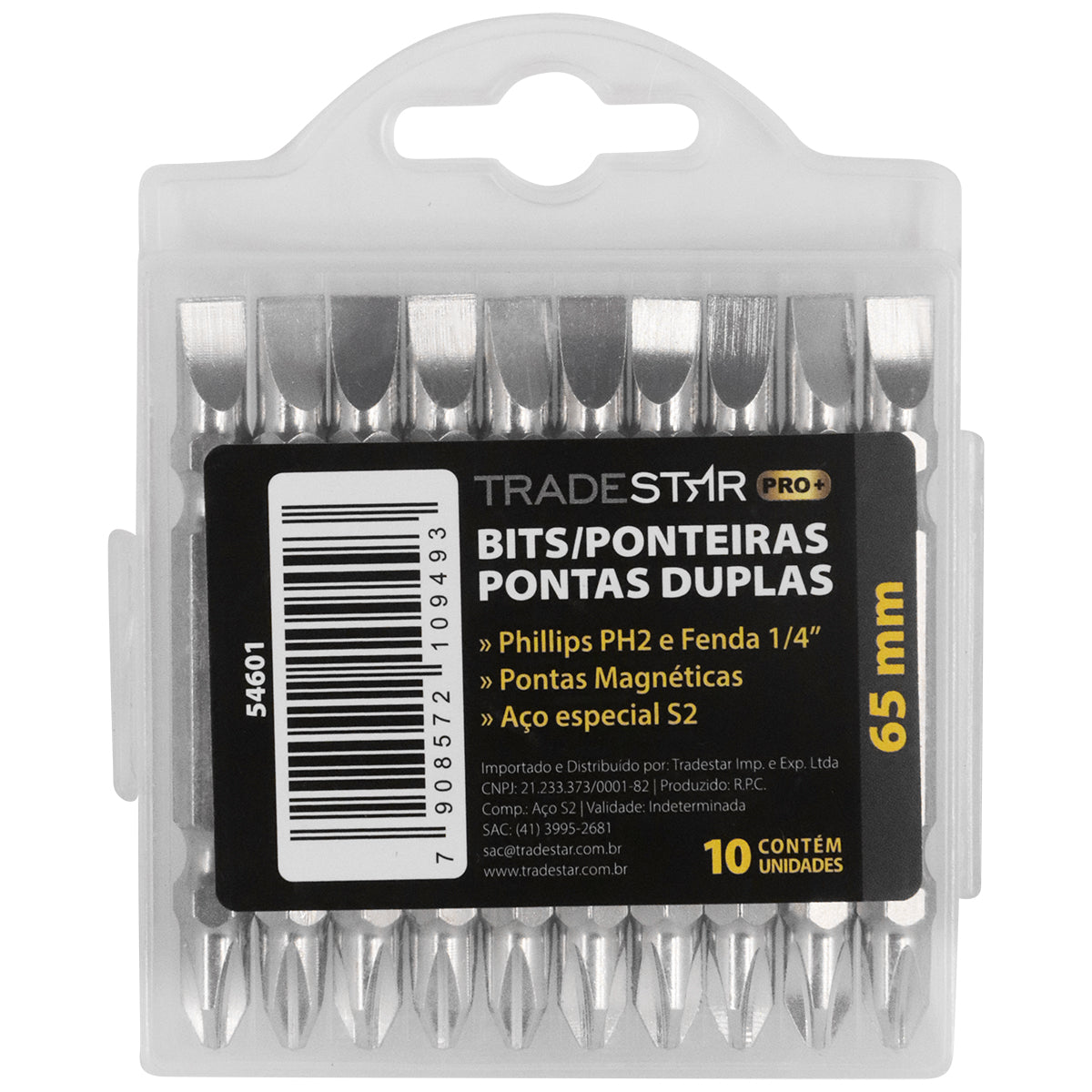 Bits Ponteira Dupla Parafus 65mm PH2 Philips Fenda 1/4" Tradestar Pro - Jogo com 10 bits de aço S2, pontas magnéticas, ideal para parafusadeiras e uso profissional em marcenaria, carpintaria e construção civil. Alta durabilidade e precisão.