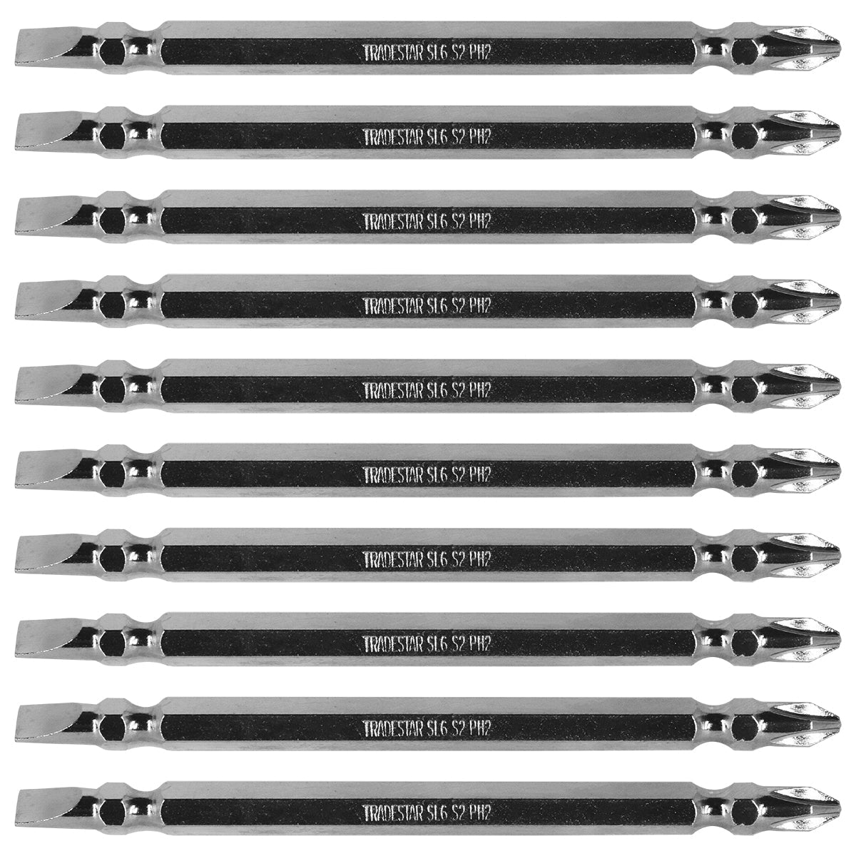 Bits Ponteira Dupla Parafusadeira 110mm PH2 1/4" Philips Fenda Tradestar - Jogo com 10 bits de aço S2, ponta imantada, ideal para parafusadeiras elétricas em marcenaria, carpintaria e construção civil.