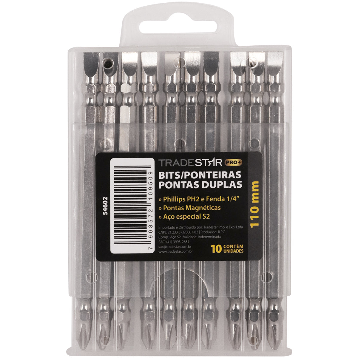 Bits ponteira dupla parafusadeira 110mm PH2 1/4" Philips Fenda Tradestar Pro, jogo com 10 peças, aço S2, pontas magnéticas, ideal para parafusadeiras elétricas em marcenaria, carpintaria e construção civil.