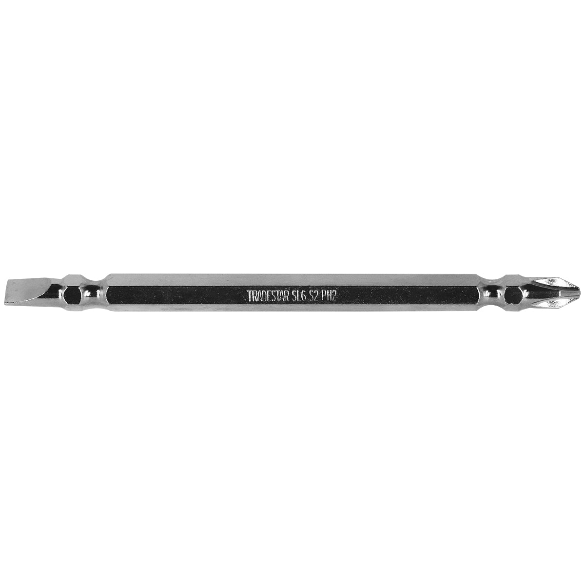 Bits Ponteira Dupla Parafusadeira 110mm PH2 1/4" Philips Fenda Tradestar Pro - Bit de aço S2 com ponta dupla, ideal para parafusadeiras, oferecendo alta durabilidade e precisão em marcenaria, carpintaria e construção civil. Possui ponta imantada para maior aderência.