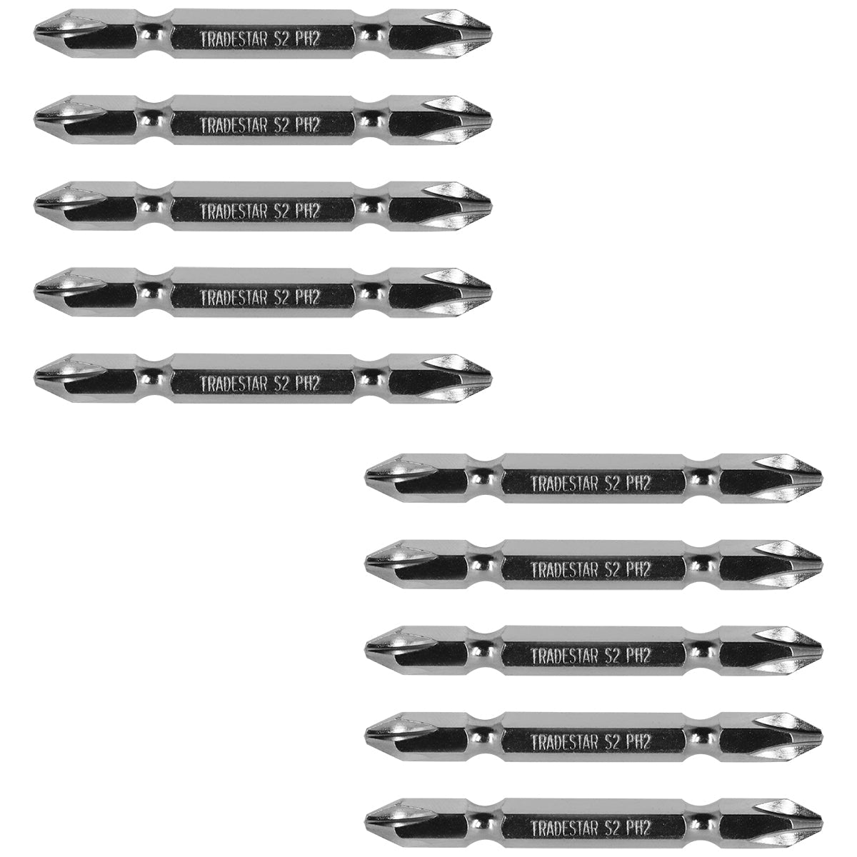 Bits Ponteira Dupla Parafusadeira 65mm Ph2 Philips Imantada Pro Tradestar - Jogo com 10 bits de aço S2 para parafusadeiras, ideal para trabalhos profissionais em construção civil e manutenção. Pontas duplas imantadas para maior precisão e praticidade.