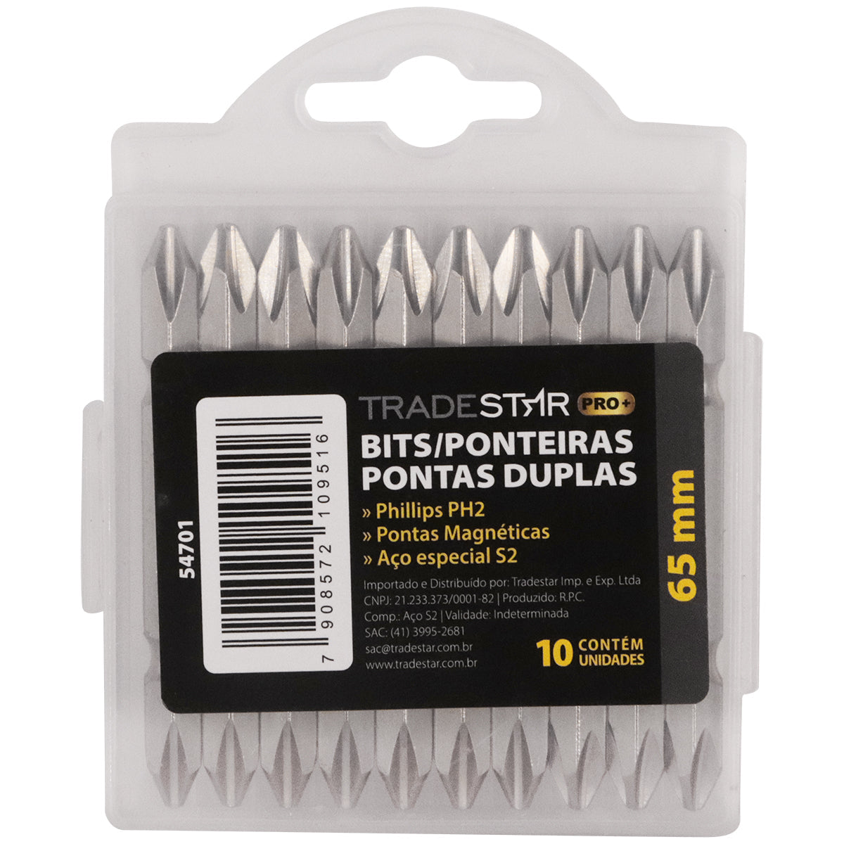 Bits ponteira dupla parafusadeira 65mm PH2 Philips imantada Pro Tradestar, jogo com 10 peças em aço S2, ideal para parafusadeiras elétricas e manuais. Pontas magnéticas para maior precisão em trabalhos de construção e manutenção.