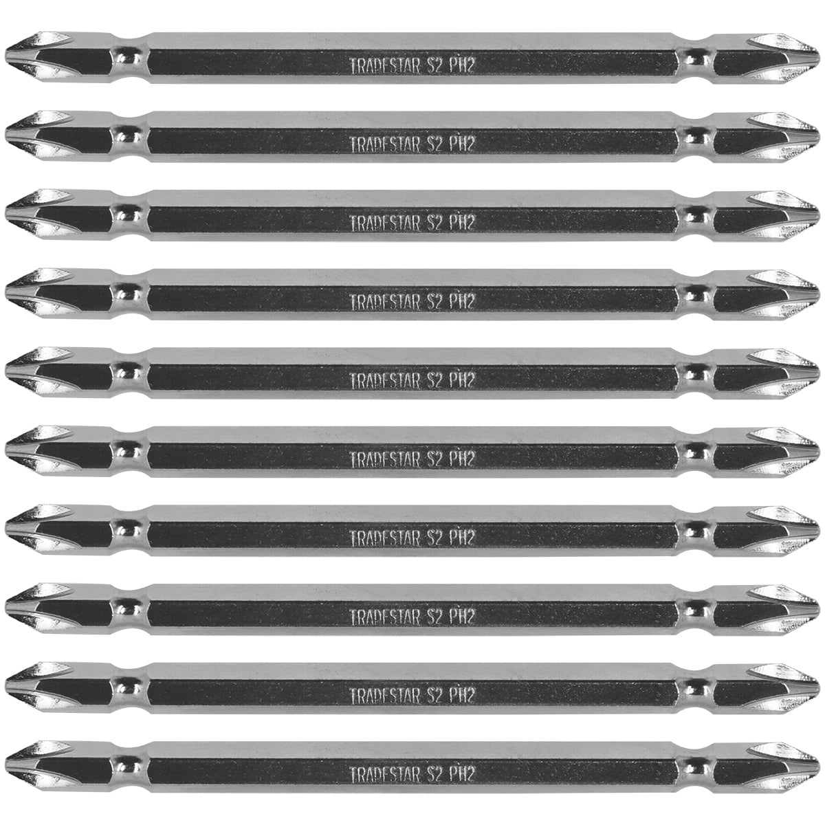 Bits Ponteira Dupla Parafusadeira 110mm PH2 Philips Imantada Tradestar - Jogo com 10 peças, aço S2, ideal para parafusadeiras elétricas e manuais. Pontas duplas e imantadas para maior precisão e agilidade em montagem, construção civil e manutenção.