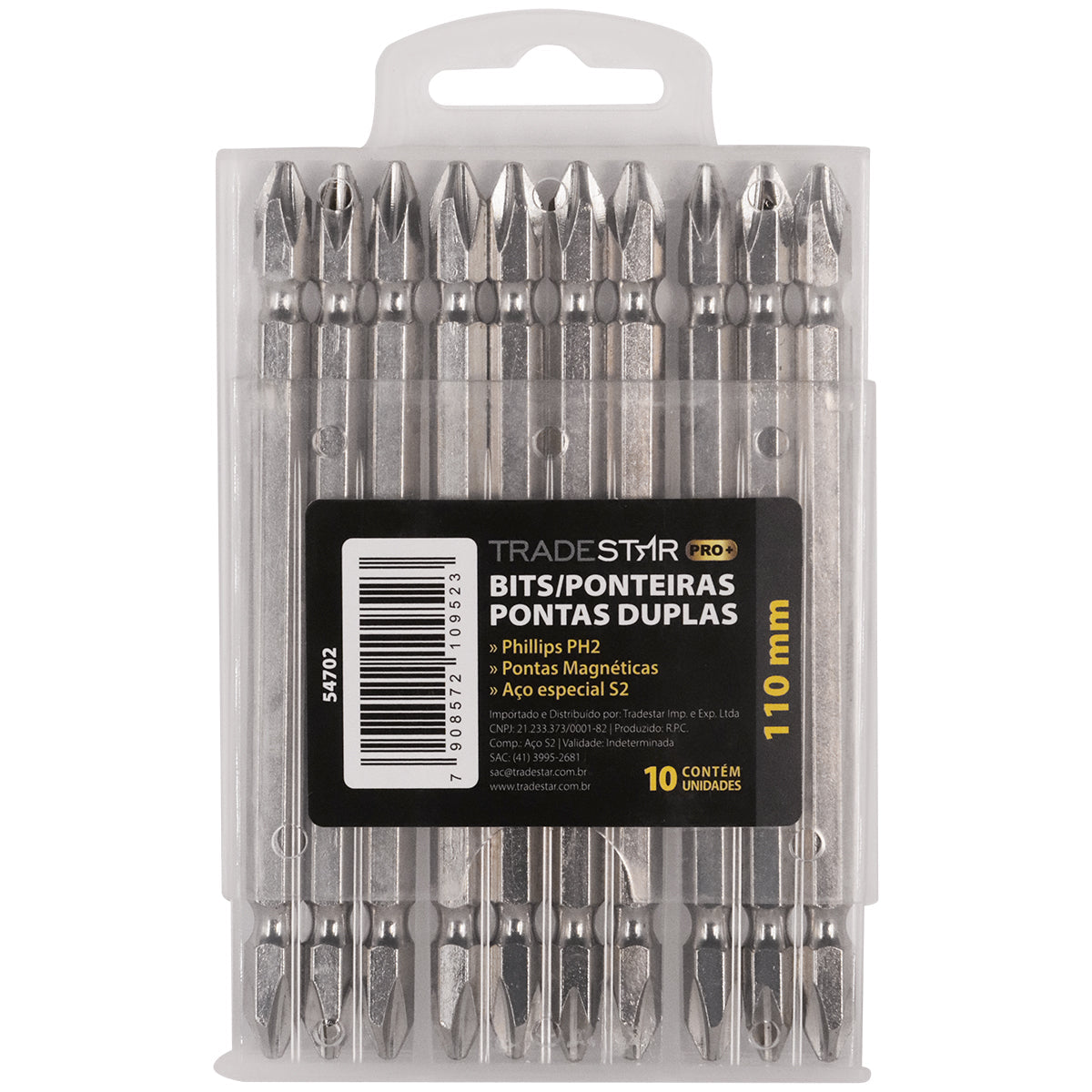 Bits Ponteira Dupla Parafusadeira 110mm Ph2 Philips Imantada Tradestar - Jogo com 10 unidades, pontas duplas em aço S2, ideal para parafusadeiras elétricas e manuais. Ferramenta para montagem, construção civil e manutenção. Pontas magnéticas para maior precisão.