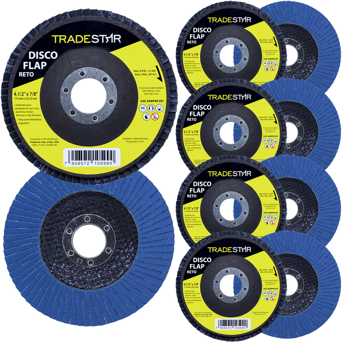 Kit com 10 Discos de Lixa Flap Reto Tradestar 4.1/2 Grão 50 para Lixadeira - Ideal para desbaste em aço inox, alumínio e metais ferrosos. Proporciona acabamento uniforme em esmerilhadeiras angulares. Ferramenta de alta durabilidade para uso profissional e doméstico.