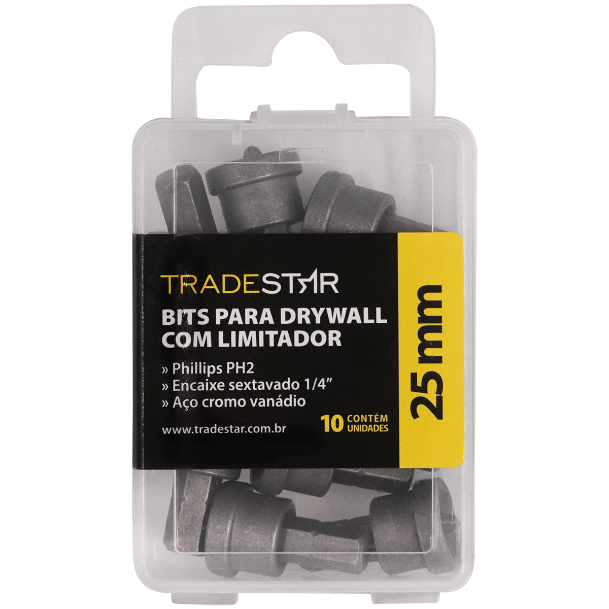 Jogo de Bits 1/4" Philips PH2 com Limitador Tradestar para Drywall - 10 unidades. Pontas para parafusadeira em aço cromo vanádio, encaixe sextavado de 1/4" e 25mm de comprimento. Ideal para instalação de drywall, garantindo precisão e durabilidade.