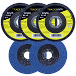 Kit com 5 discos de lixa flap reto Tradestar 4.1/2 Grão 60 para lixadeira, ideal para desbaste em aço inox, alumínio e metais ferrosos. Proporciona acabamento uniforme e durabilidade superior. Ferramenta essencial para uso profissional e projetos DIY.