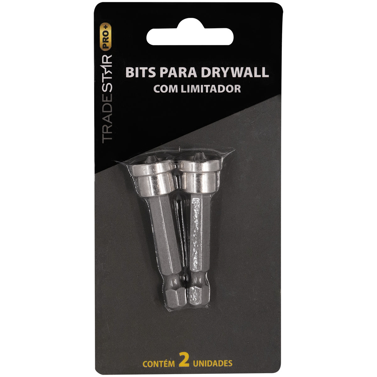 Jogo de Bits 1/4" Phillips PH2 com Limitador 50mm Tradestar para Drywall - 2 unidades. Pontas para parafusadeira com encaixe sextavado, aço S2, ideal para controle de profundidade e acabamento perfeito em instalações de drywall.