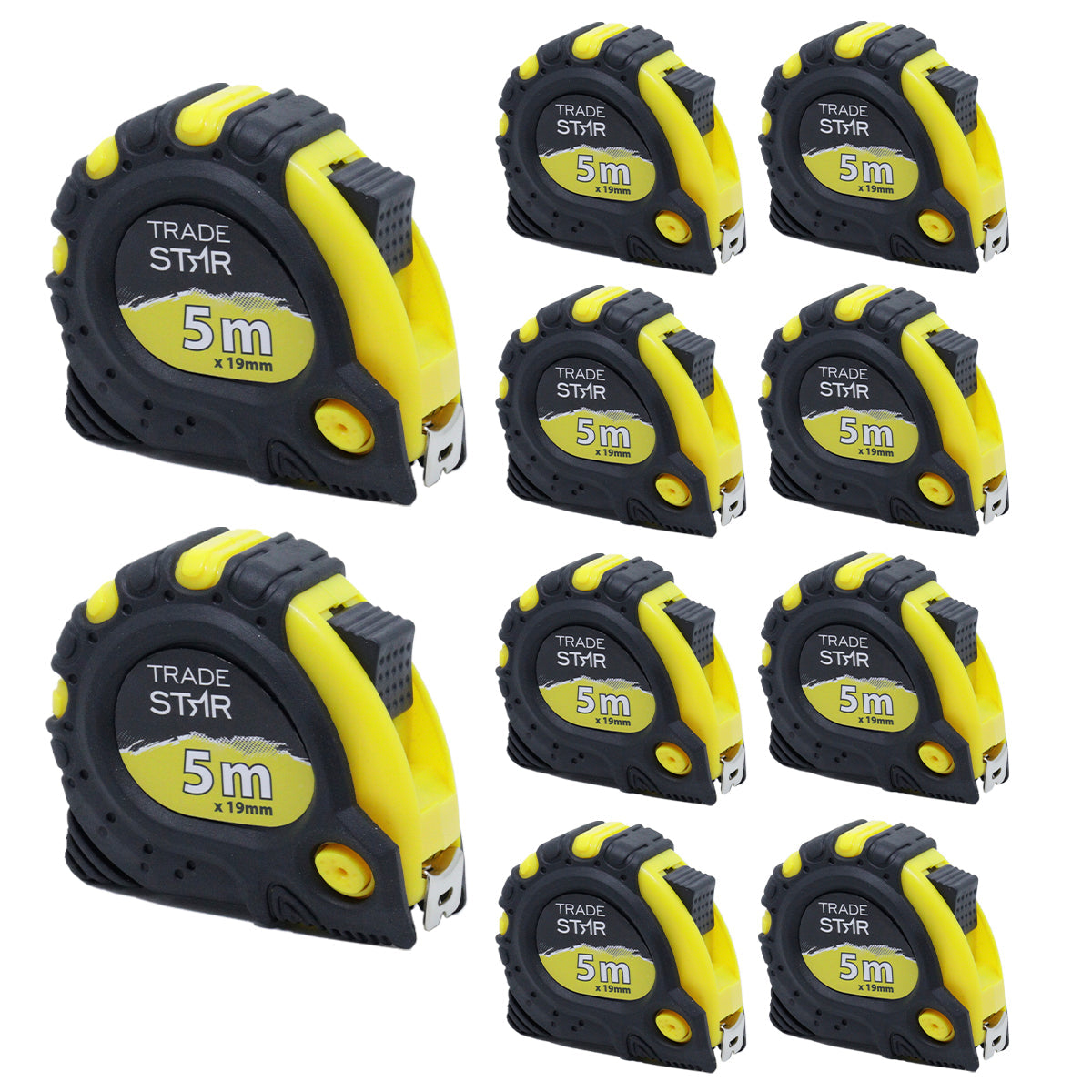 Kit com 10 Trenas Profissionais Emborrachadas Tradestar 5m x 19mm. Ferramentas de medição com fita de aço, 3 travas, corpo emborrachado e presilha para cinto. Ideal para construção civil, marcenaria e uso geral.