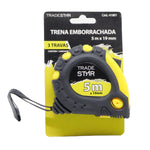 Kit com 10 Trenas Profissionais Emborrachadas Tradestar 5mx19mm com 3 travas, fita de aço, ideal para construção civil, marcenaria e uso geral. Trena amarela e preta na embalagem.