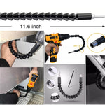 Cabo Extensor Flexível Para Parafusadeira 1/4 Tradestar, ideal para áreas de difícil acesso. Extensor flexível de 300mm com ponta magnética, perfeito para montadores, técnicos e profissionais da construção. Permite rotacionar bits e ponteiras com facilidade. Mostrando o uso em diversas aplicações, como montagem de móveis e reparos em bicicletas.