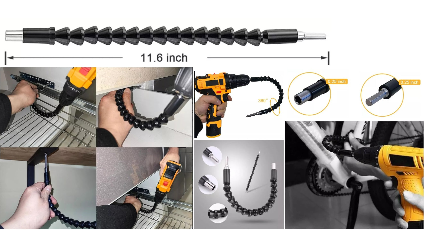 Cabo Extensor Flexível Para Parafusadeira 1/4 Tradestar, ideal para áreas de difícil acesso. Extensor flexível de 300mm com ponta magnética, perfeito para montadores, técnicos e profissionais da construção. Permite rotacionar bits e ponteiras com facilidade. Mostrando o uso em diversas aplicações, como montagem de móveis e reparos em bicicletas.