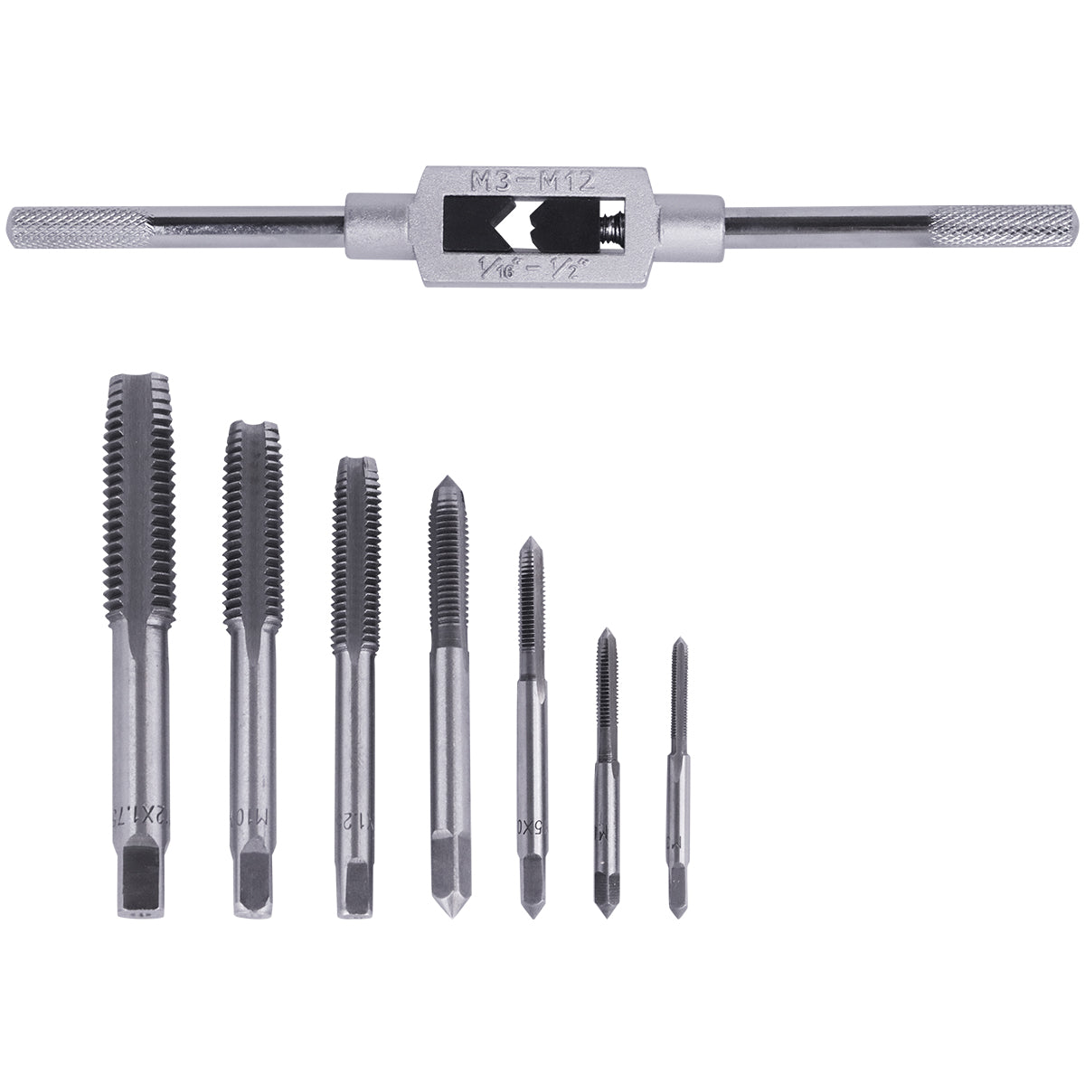 Jogo de Machos com Vira Macho 8 Peças Profissional Cromo Vanádio Tradestar - Ferramenta para criação de roscas internas em furos, com machos de diferentes diâmetros (M3 a M12) e vira macho incluso. Ideal para mecânicos, torneiros e usinagem.