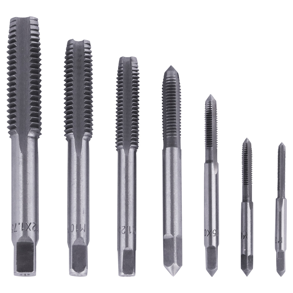 Jogo de Machos com Vira Macho 8 Peças Profissional Cromo Vanádio Tradestar - Ferramenta para criação de roscas internas em furos, ideal para mecânicos e usinagem. Contém machos de diferentes diâmetros (M3 a M12) em aço cromo vanádio, acompanhado de vira macho.