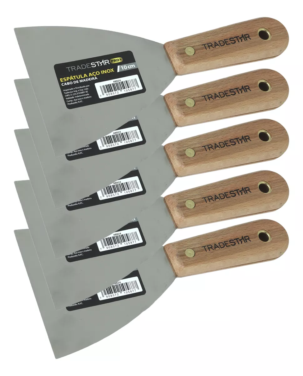Kit 5 Espátula 10 cm Aço Inox Multiuso para Chapa Gesso Drywall - Conjunto de espátulas de aço inoxidável com cabo de madeira, ideal para aplicação em drywall, gesso e outras superfícies. Ferramenta Tradestar para profissionais e uso geral.