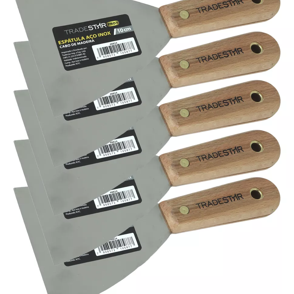 Kit 5 Espátula 10 cm Aço Inox Multiuso para Chapa Gesso Drywall - Conjunto de espátulas de aço inoxidável com cabo de madeira, ideal para aplicação em drywall, gesso e outras superfícies. Ferramenta Tradestar para profissionais e uso geral.