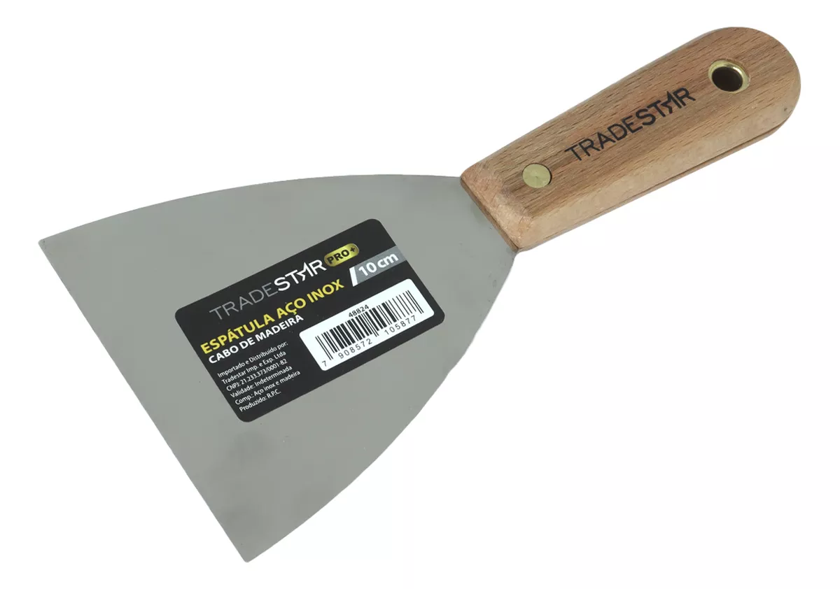 Kit 5 Espátula 10 cm Aço Inox Multiuso para Chapa Gesso Drywall - Ferramentas Tradestar para aplicação em massa, drywall e construção. Espátulas de aço inox com cabo de madeira, ideais para nivelamento e acabamento.