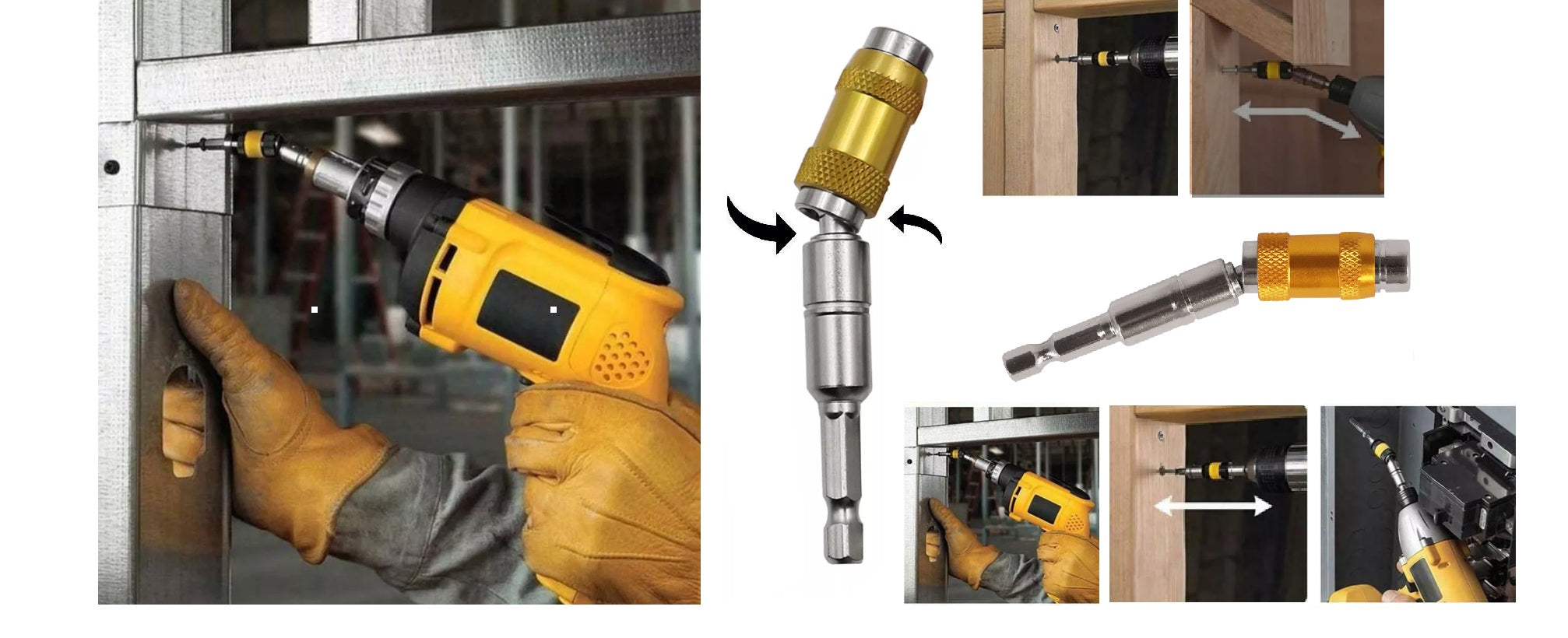 Adaptador Angular 90º 1/4 Ponta Magnética para Parafusadeira Tradestar em uso, mostrando a facilidade de parafusar em ângulos difíceis e espaços apertados. Ideal para montadores, técnicos e profissionais da construção.