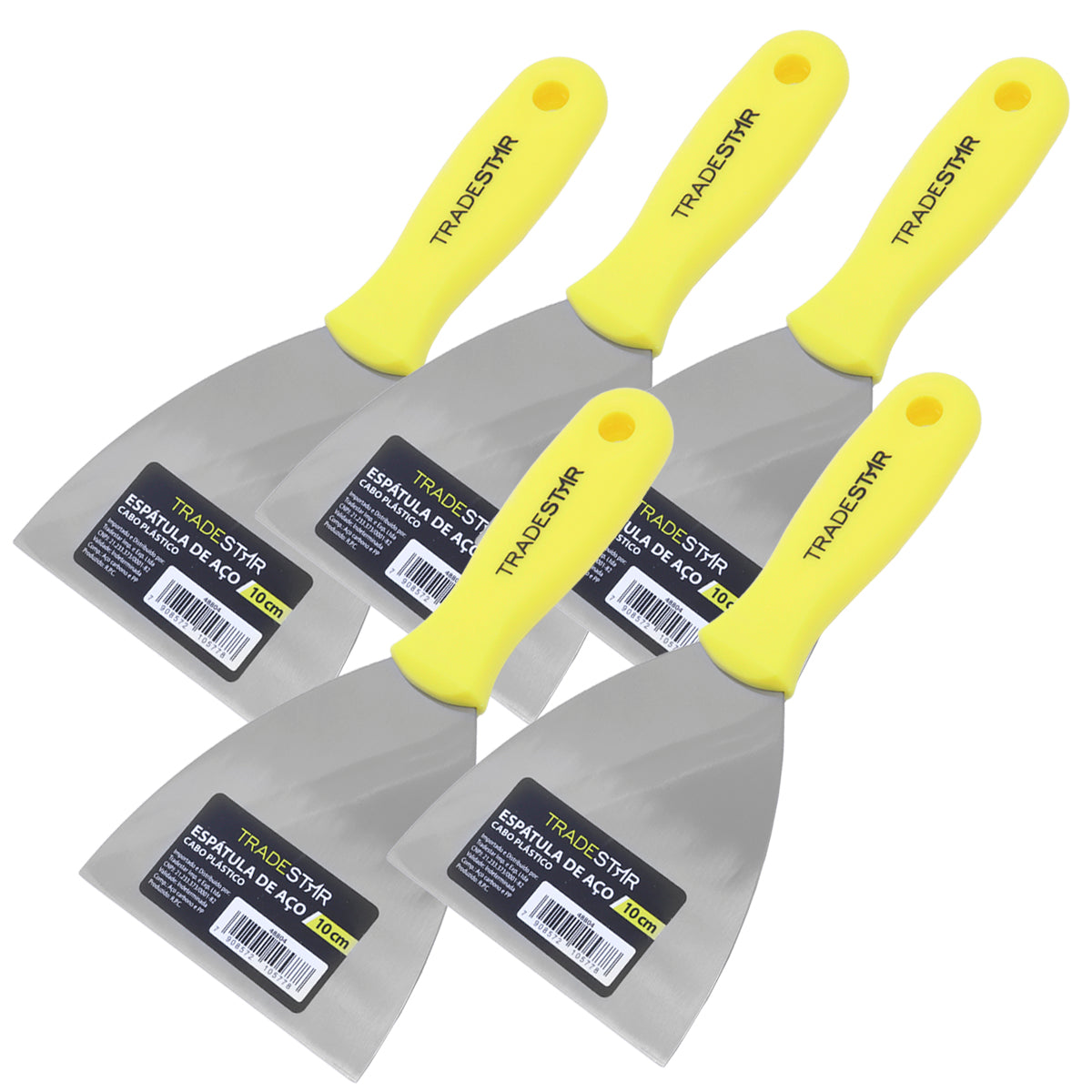 Kit 5 espátulas multiuso Tradestar de 10cm com cabo amarelo de plástico, ideal para pintor, gesso e drywall. Ferramenta de aço carbono para aplicação de massas e acabamentos em construção e artesanato.