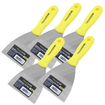 Kit 5 espátulas multiuso Tradestar de 10cm com cabo amarelo de plástico, ideal para pintor, gesso e drywall. Ferramenta de aço carbono para aplicação de massas e acabamentos em construção e artesanato.