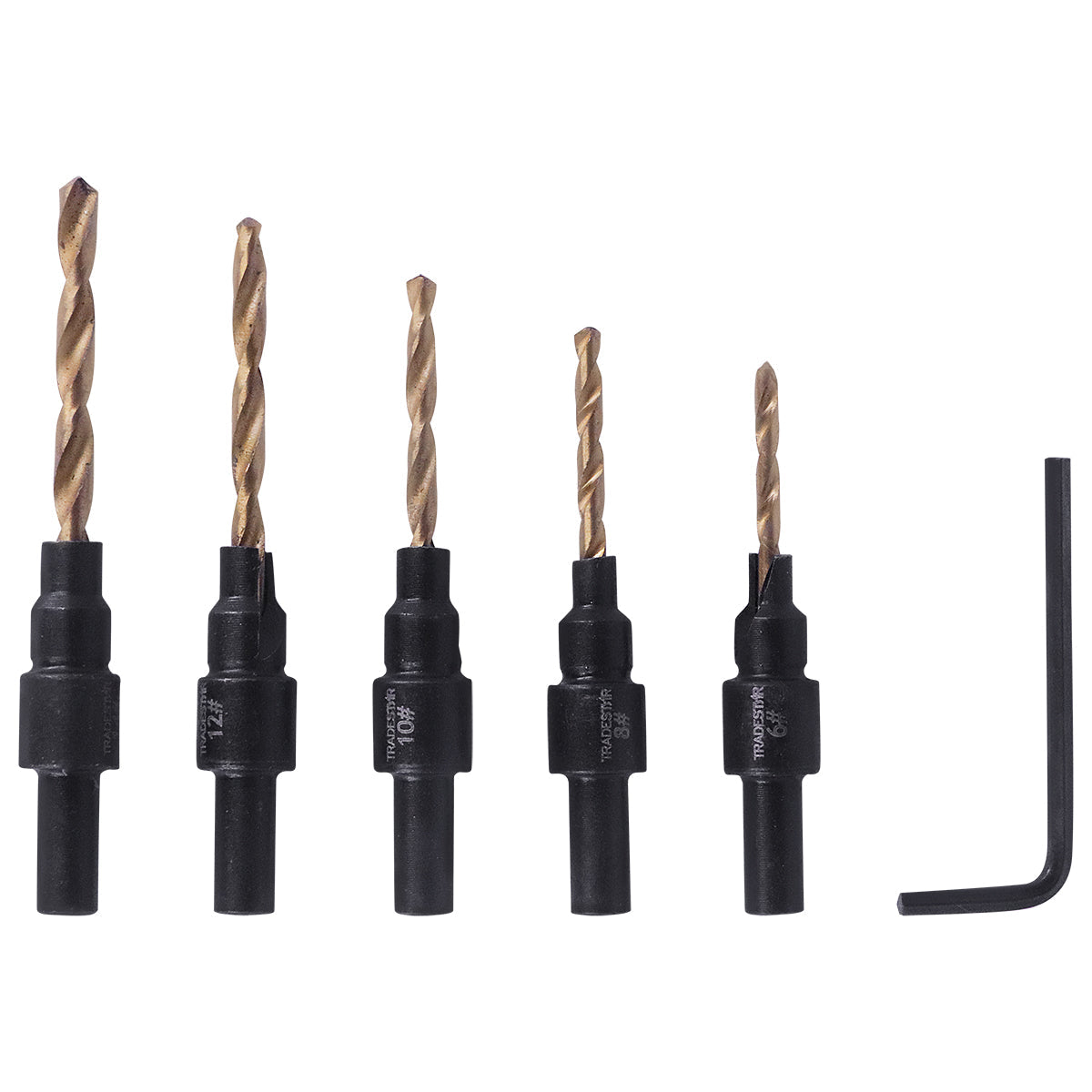 Jogo de 5 brocas para madeira Tradestar com escareadores ajustáveis e chave Allen. Brocas de aço rápido revestidas com titânio, tamanhos variados (6mm a 14mm) para perfuração precisa em madeira, laminados e plásticos. Ideal para marceneiros e instaladores.