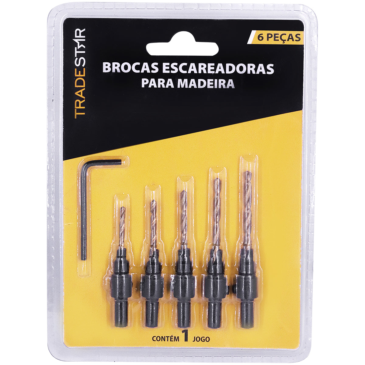 Jogo de 6 brocas escareadoras para madeira Tradestar, com diferentes diâmetros, haste hexagonal e chave Allen. Ideal para marceneiros e carpinteiros.