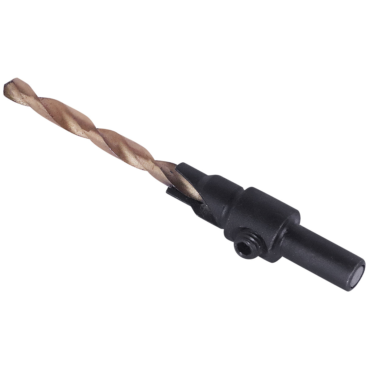 Jogo de brocas para madeira com escareadores ajustáveis e chave Allen. Broca de aço rápido revestido com titânio, ideal para perfurações precisas em madeira, laminados e plásticos. Haste hexagonal de 1/4" para uso em furadeiras e parafusadeiras.