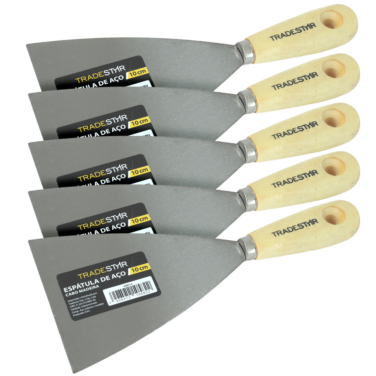Kit 5 espátulas Tradestar 10cm de aço com cabo de madeira, ideal para gesso, massa corrida e drywall. Ferramentas multiuso de alta durabilidade para construção e acabamento.