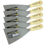Kit 5 espátulas Tradestar 10cm de aço com cabo de madeira, ideal para gesso, massa corrida e drywall. Ferramentas multiuso de alta durabilidade para construção e acabamento.
