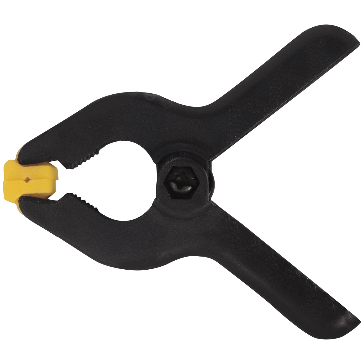 Grampo Multiuso 2 Pol 50MM Marceneiro Reforçado Tradestar, grampo de nylon reforçado preto com detalhes em amarelo, ideal para marcenaria e fixação de peças. Ferramenta versátil para colagem e montagem, com mola de alta pressão.