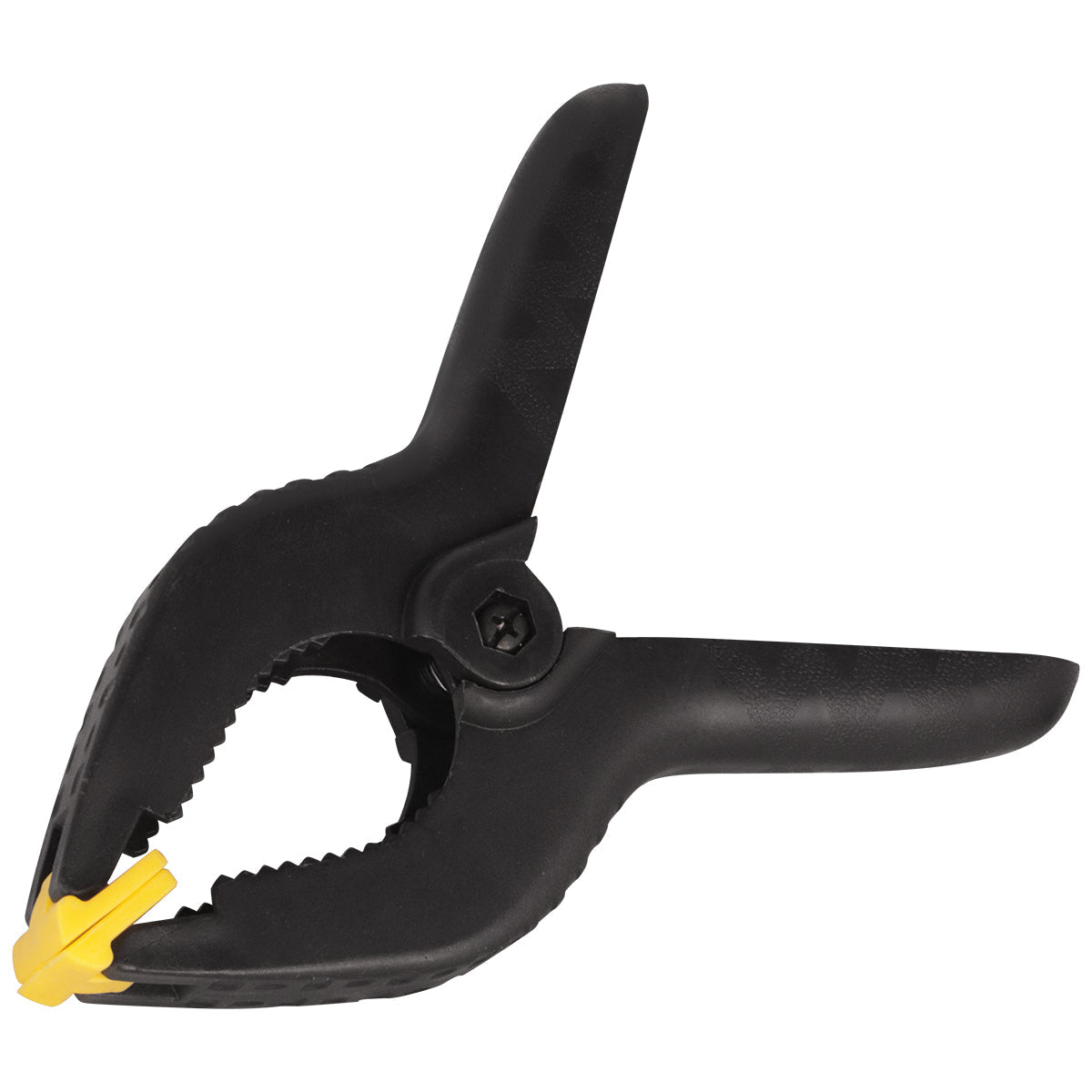 Grampo Multiuso 6 Pol 150MM Marceneiro Reforçado Tradestar - Grampo de nylon preto com detalhes em amarelo, ideal para marcenaria, carpintaria e construção. Fixação forte e segura para colagem, montagem e ajustes em projetos de grande porte.
