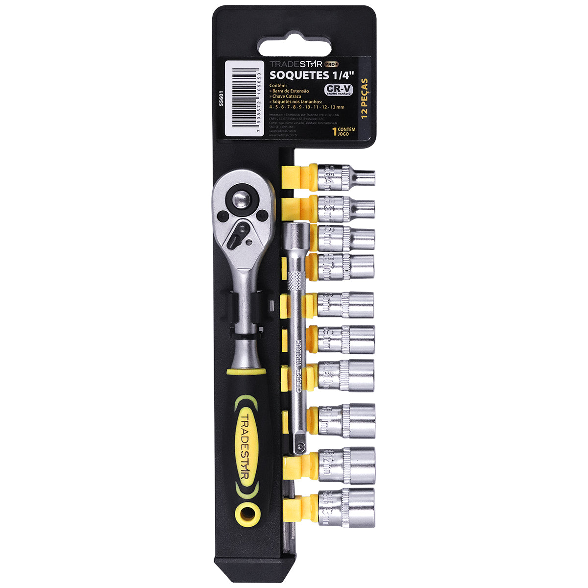 Jogo de soquetes 1/4" com chave catraca reversível e barra de extensão, 12 peças, aço cromo vanádio (CRV). Ideal para mecânicos e uso em oficinas. Soquetes nos tamanhos: 4mm, 5mm, 6mm, 7mm, 8mm, 9mm, 10mm, 11mm, 12mm, 13mm. Ferramenta TradeStar.