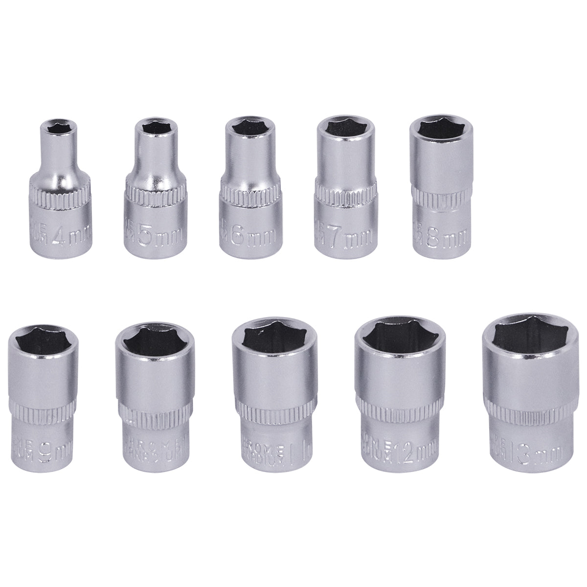 Jogo de soquetes sextavados de 1/4" (12 peças) em aço cromo vanádio (CRV) para chave catraca reversível, tamanhos 4mm a 13mm. Ferramenta ideal para mecânicos e oficinas.