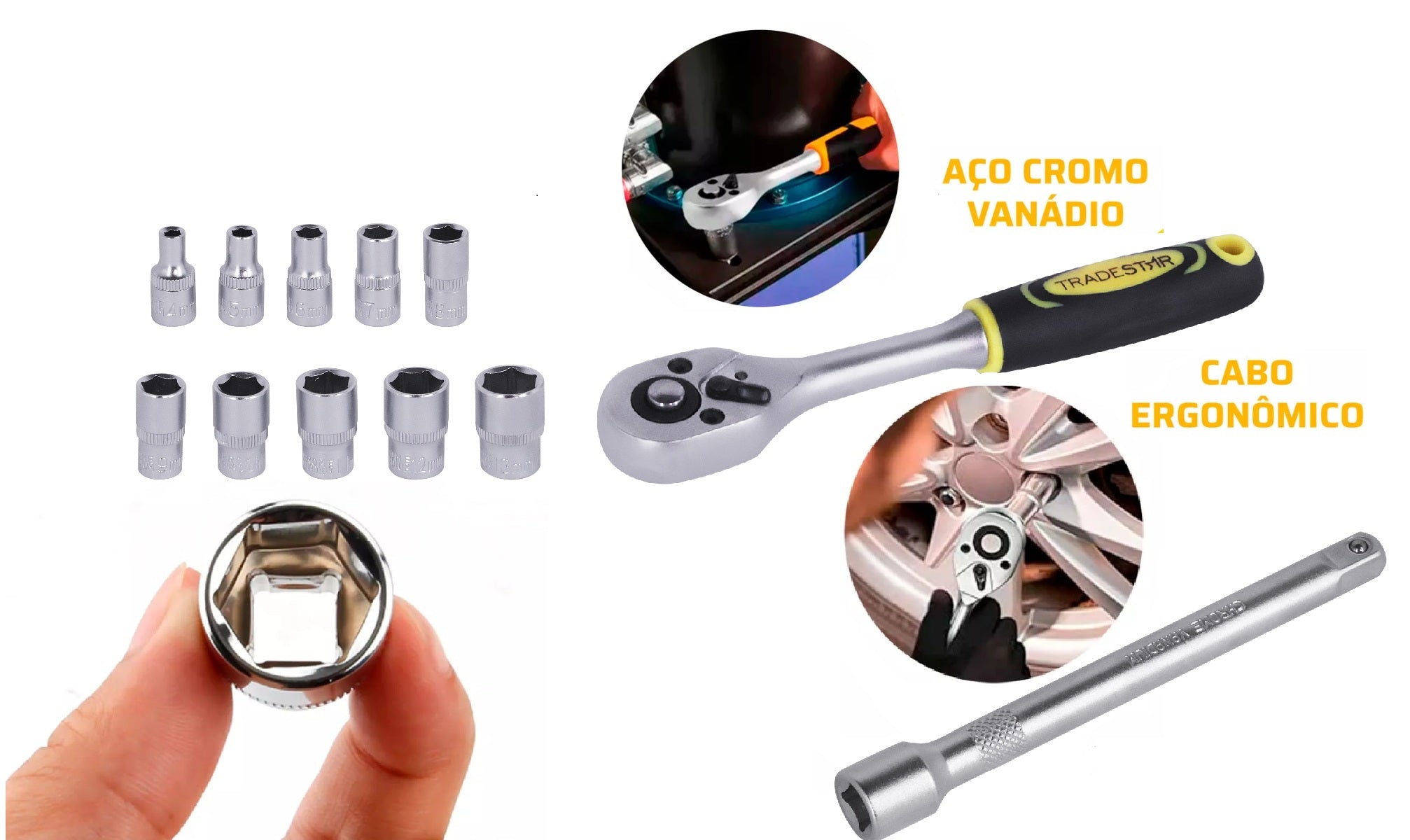 Chave catraca reversível encaixe 1/2" com jogo de soquetes de 10 a 22 mm Pro Tradestar, ideal para mecânicos e profissionais. Fabricada em aço cromo vanádio (CRV), oferece durabilidade e precisão. Inclui soquetes de diversos tamanhos, chave catraca com cabo ergonômico e extensão.