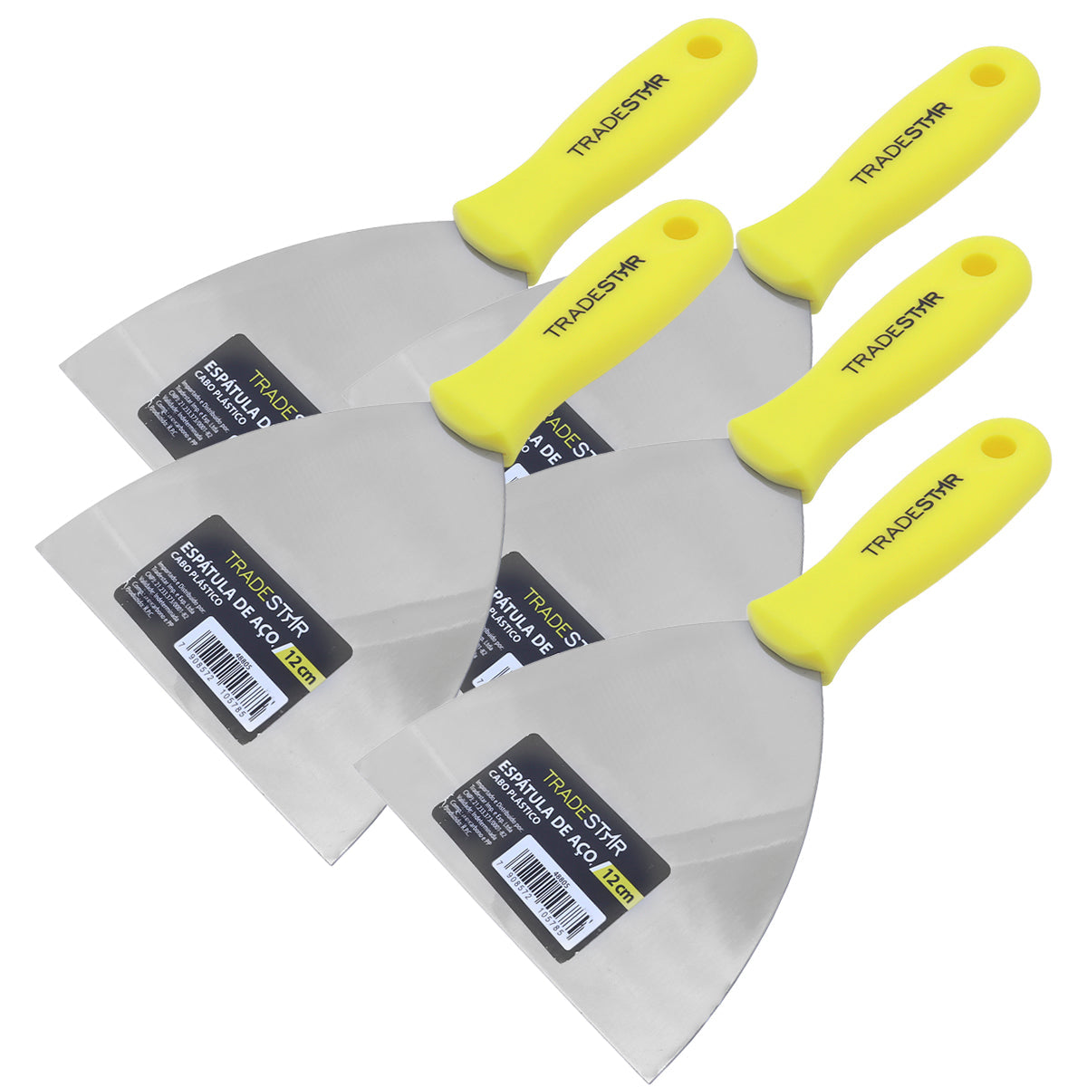 Kit 5 espátulas multiuso de 12cm com cabo amarelo para pintura, gesso e drywall. Lâminas de aço da marca Tradestar, ideais para aplicação de massas, tintas e trabalhos de artesanato.