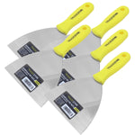 Kit 5 espátulas multiuso de 12cm com cabo amarelo para pintura, gesso e drywall. Lâminas de aço da marca Tradestar, ideais para aplicação de massas, tintas e trabalhos de artesanato.