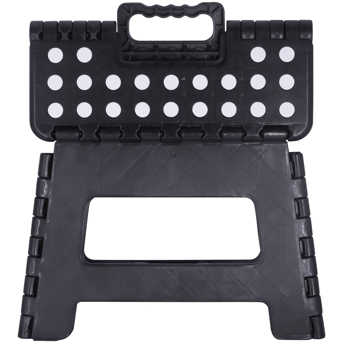 Banqueta Plástica Dobrável Preta Multiuso Portátil 22cm - Banquinho retrátil ideal para uso doméstico, camping, pesca e atividades ao ar livre. Possui alça para transporte e é feita de plástico resistente.