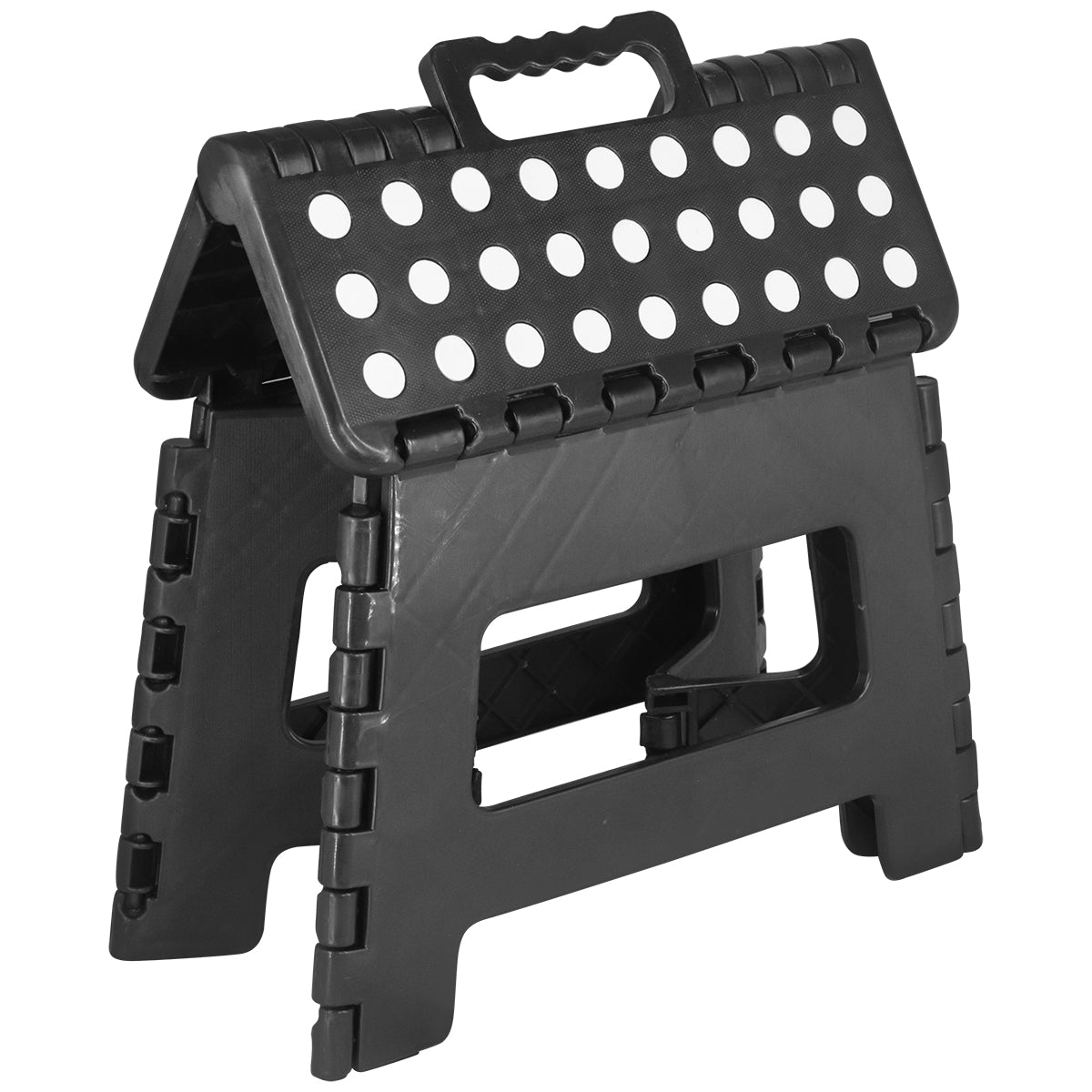 Banqueta Plástica Dobrável Preta Multiuso Portátil 22cm - Ideal para uso doméstico, camping e atividades ao ar livre. Banquinho retrátil de plástico resistente, fácil de transportar e armazenar. Tradestar.