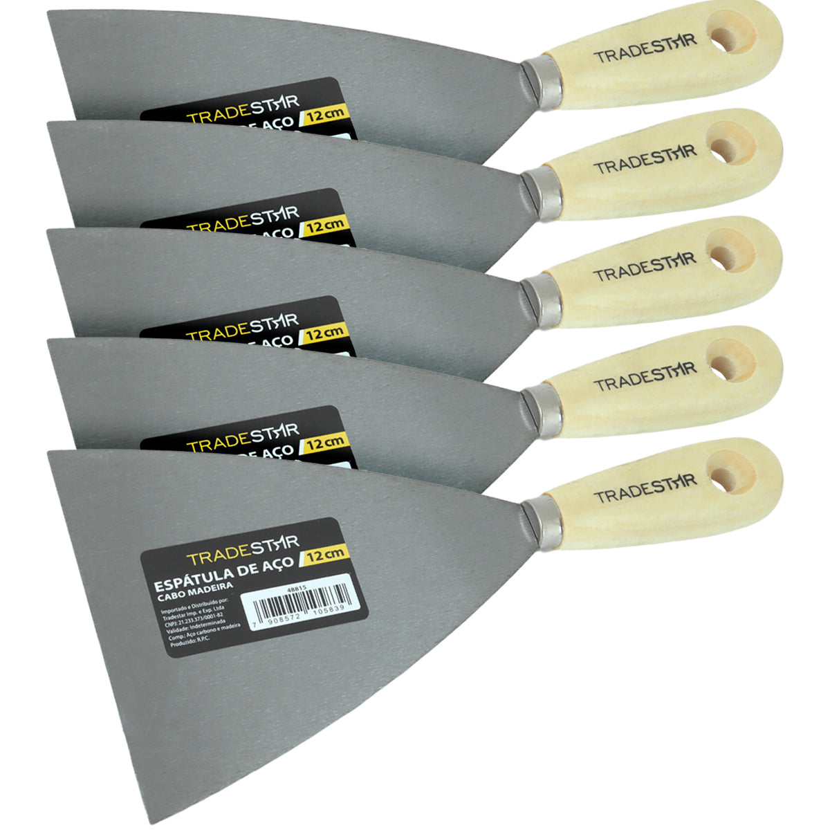 Kit 5 Espátulas Tradestar 12cm Aço com Cabo de Madeira para Gesso, Massa Corrida e Drywall. Ferramentas multiuso para construção e reforma.