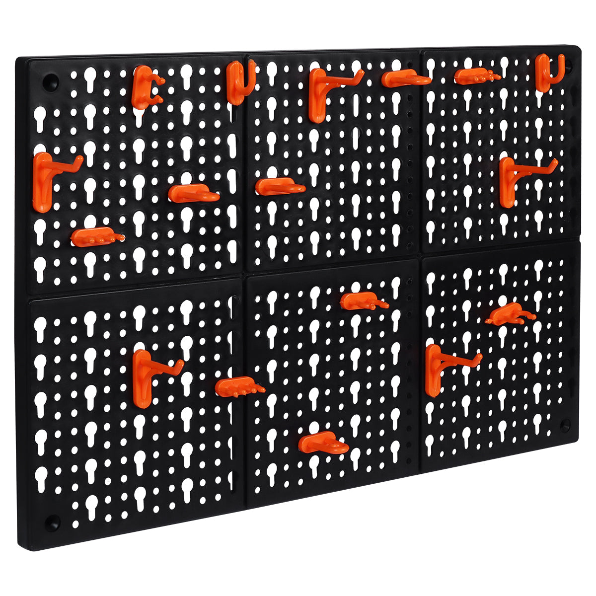 Painel Porta Ferramentas 24 Ganchos Organizador Para Casa - Painel preto modular com ganchos laranja para organizar ferramentas em oficinas e garagens. Solução prática e eficiente para organização.