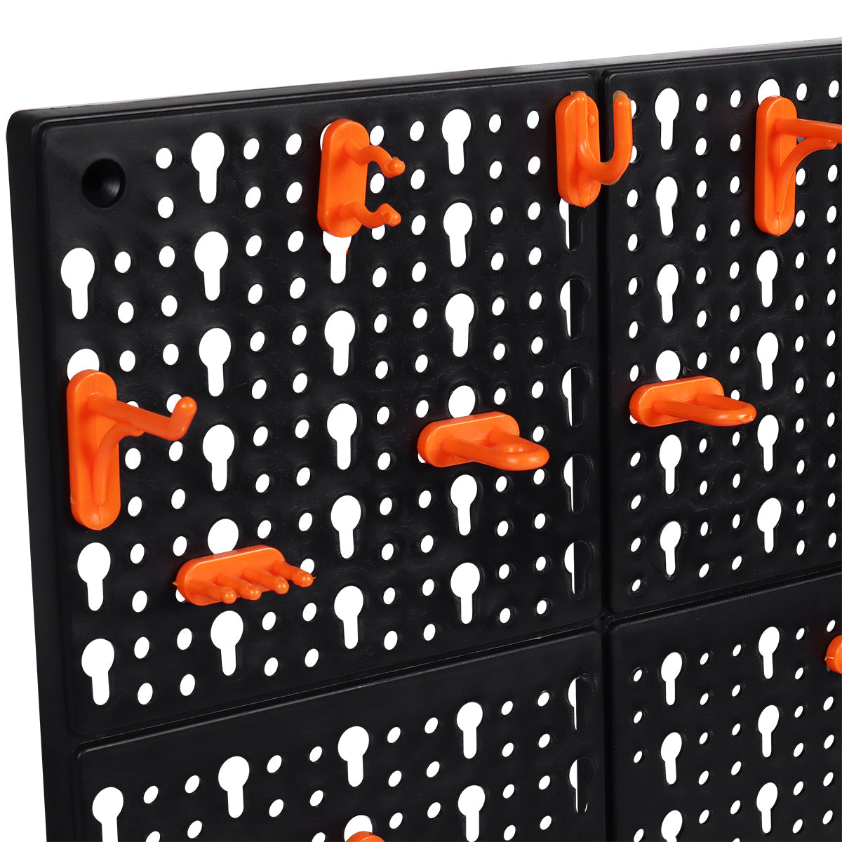Painel porta ferramentas preto com 24 ganchos laranja, organizador para casa, oficina ou garagem. Ideal para organizar ferramentas e otimizar espaço.