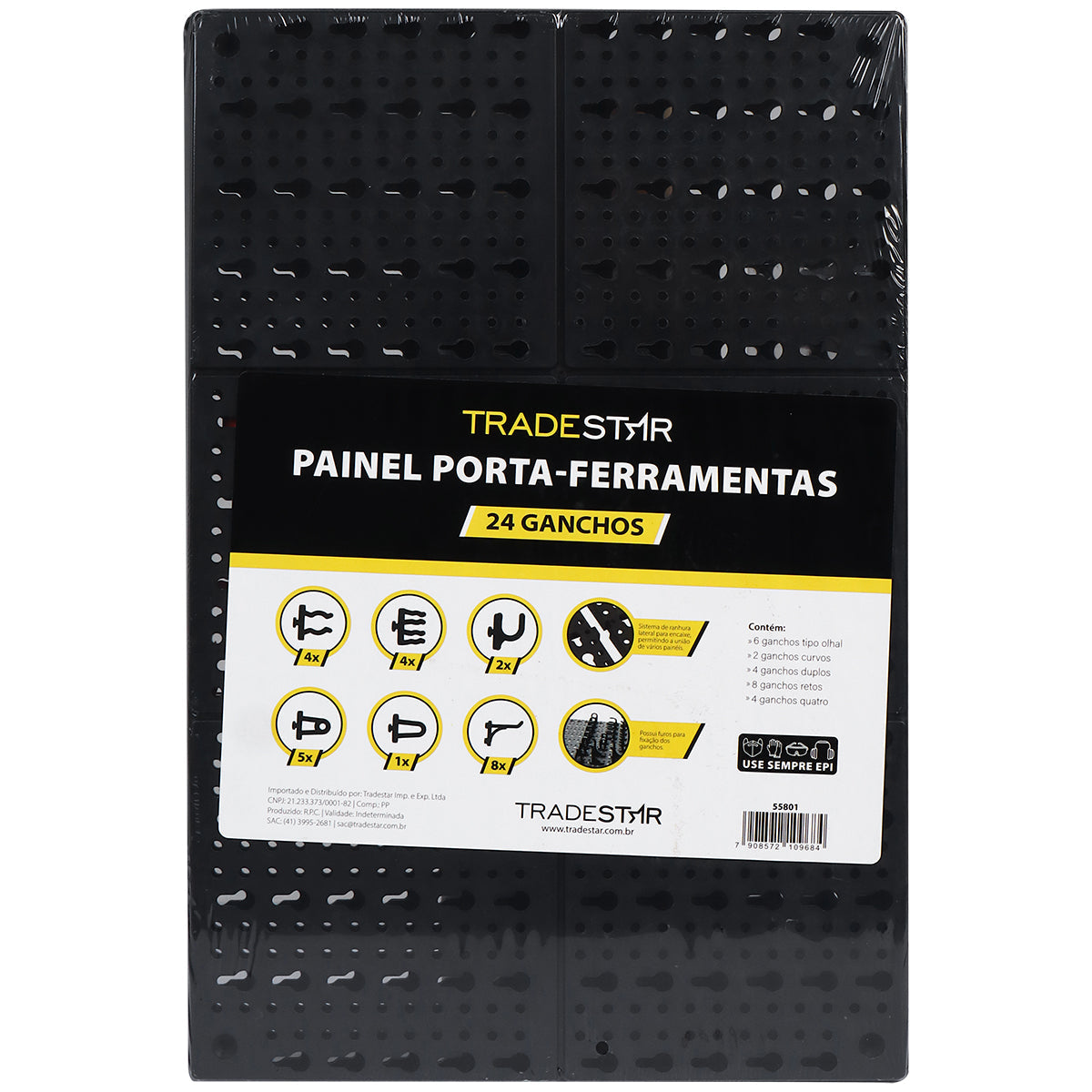 Painel Porta Ferramentas Tradestar com 24 ganchos para organização de ferramentas em oficinas e garagens. O painel preto possui sistema de encaixe para expansão e acompanha diversos tipos de ganchos: olhal, curvos, duplos e retos. Ideal para organização e otimização de espaço.