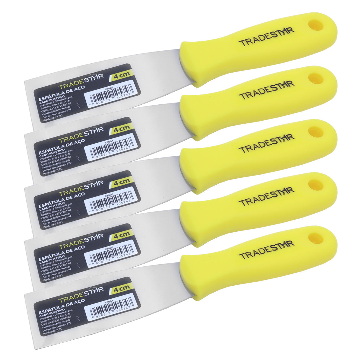 Kit 5 espátulas Tradestar de 4 cm com cabo amarelo de plástico, ideal para pintura, gesso e drywall. Ferramenta multiuso para trabalhos detalhados e acabamentos precisos. Lâmina de aço resistente e cabo ergonômico. Perfeito para artesanato e reparos. Kit de espátulas Tradestar para uso profissional e doméstico.