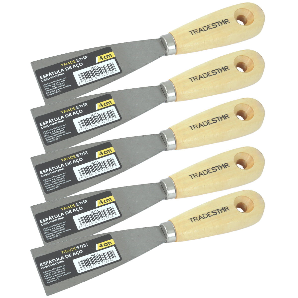 Kit 5 espátulas Tradestar 4cm com cabo de madeira, ideal para aplicação de massa corrida, gesso e trabalhos em drywall. Ferramenta multiuso de aço carbono, perfeita para profissionais e projetos DIY.