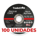 Disco de Corte Fino Inox 4.1/2 Tradestar com 100 unidades, ideal para esmerilhadeira. Disco abrasivo para corte preciso em aço inox, ferro e outros metais. Ferramenta de alta performance para serralheria e uso profissional.