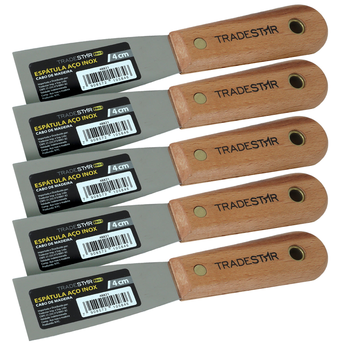 Kit 5 Espátulas Tradestar 4cm Aço Inox com Cabo de Madeira para diversas aplicações, ideal para chapa, gesso e drywall. Ferramentas de alta qualidade para acabamentos precisos e trabalhos profissionais.