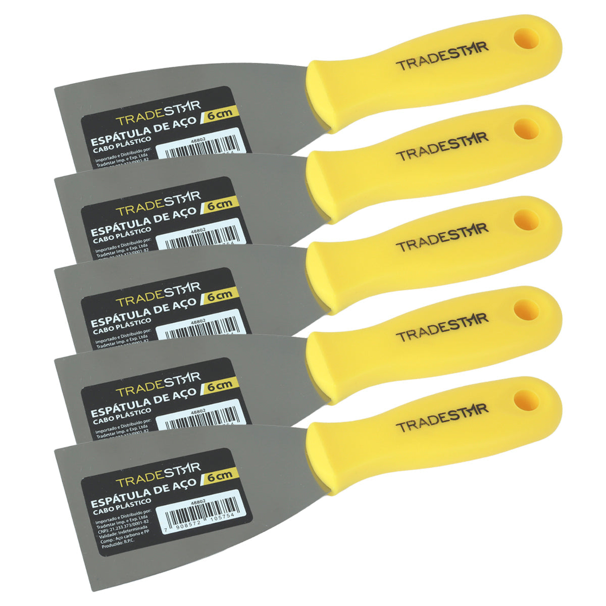 Kit 5 espátulas multiuso de 6 cm com cabo amarelo, ideal para pintor, gesso e drywall. Ferramenta de aço Tradestar para aplicação de massa, tinta e acabamento. Kit de espátulas para construção e artesanato.