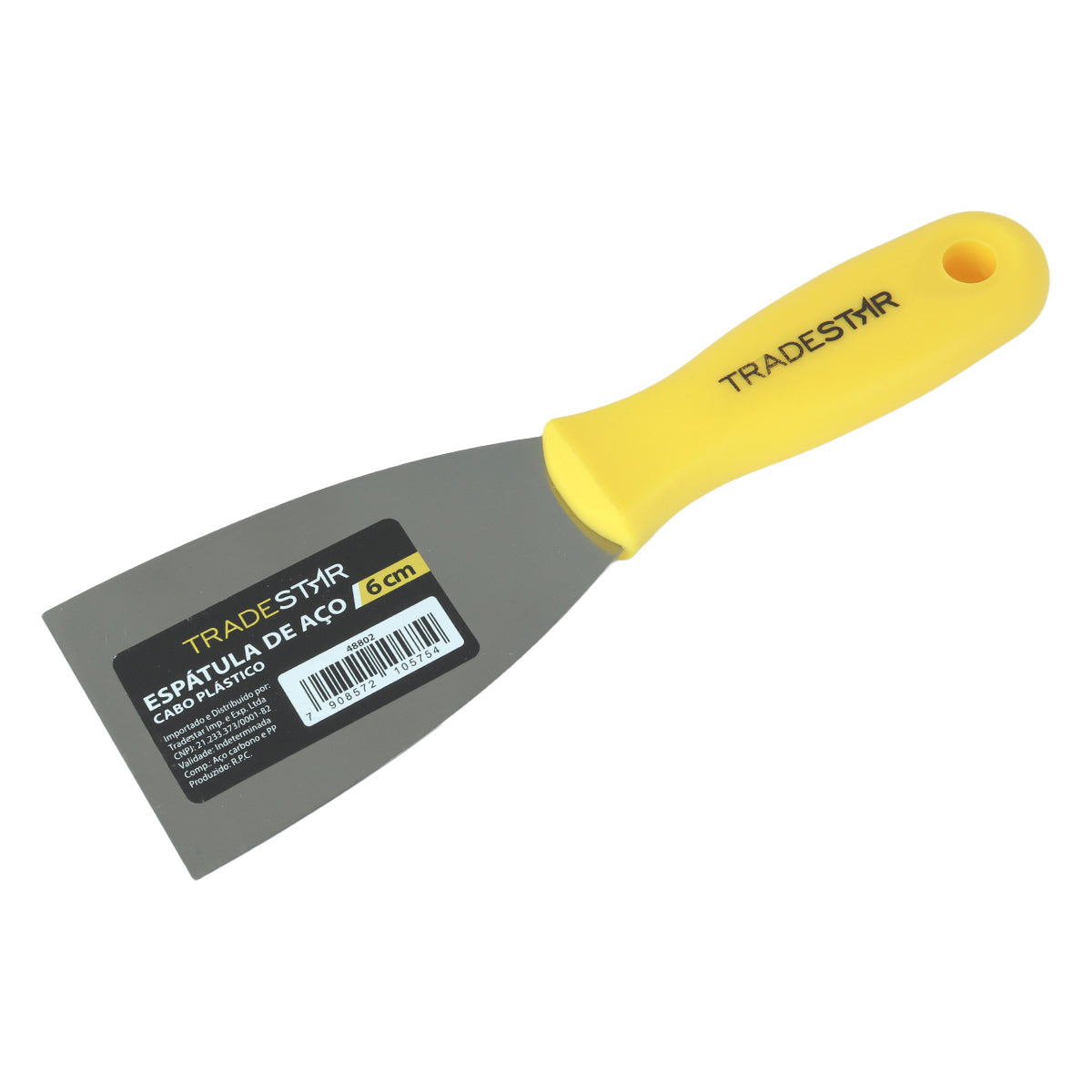 Kit 5 Espátulas 6 cm Multiuso para Pintor, Gesso e Drywall. Espátula de aço com cabo plástico amarelo da marca Tradestar, ideal para preenchimento, alisamento e aplicação de tintas e massas em projetos de construção e artesanato.